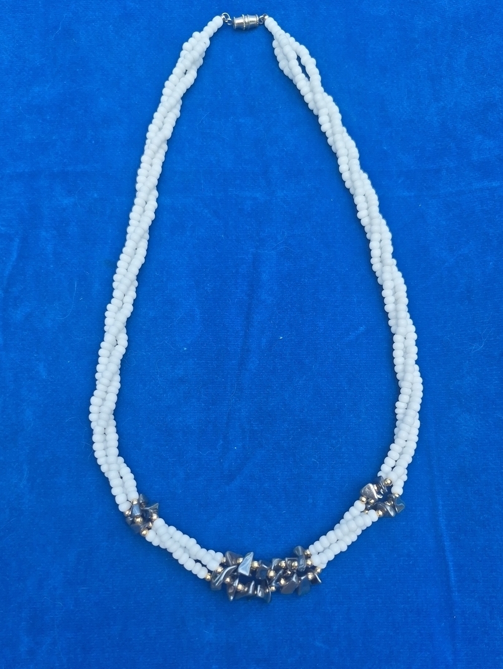 White Beaded Multi-Strand Necklace with Hematite